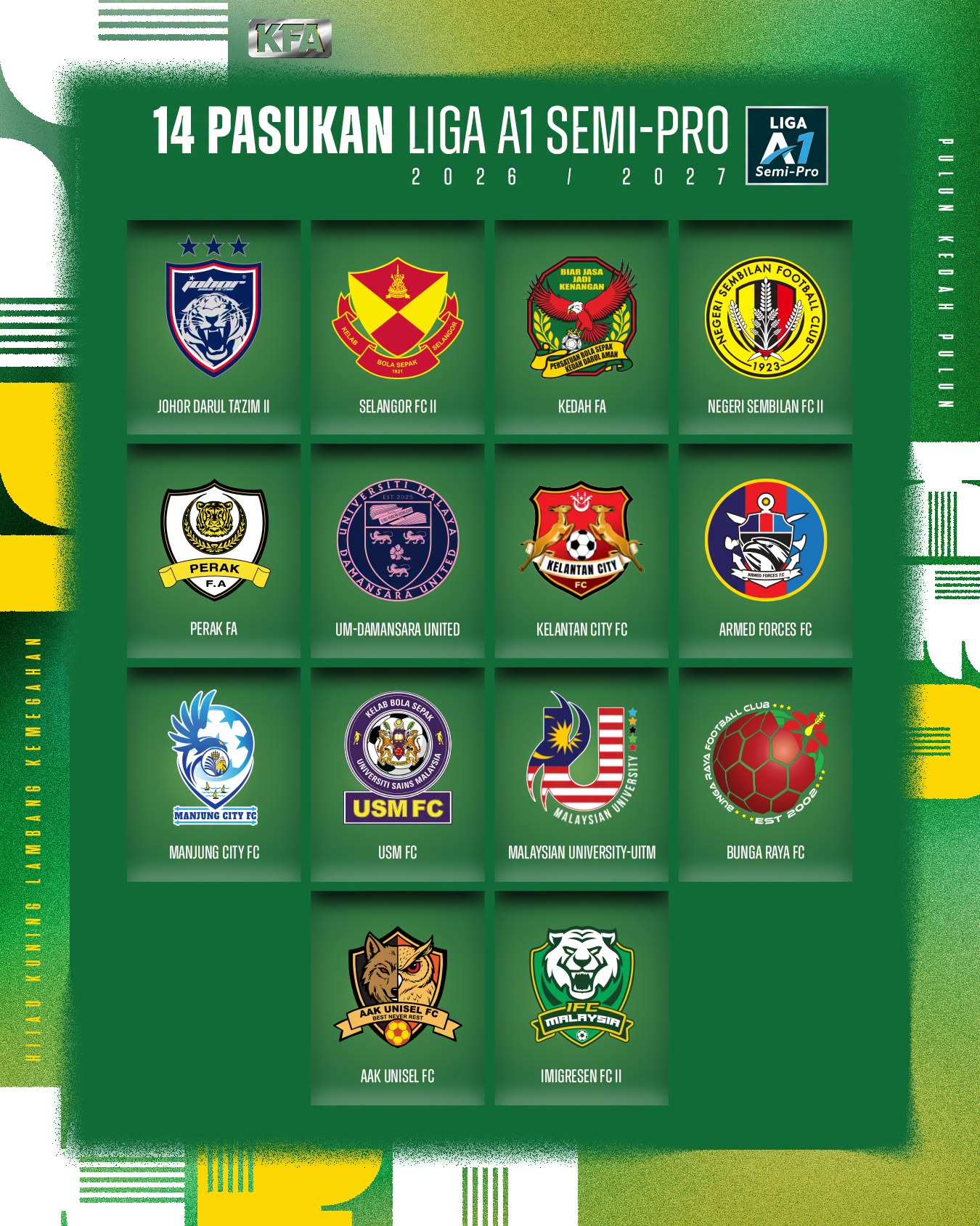 A green graphic titled "14 Pasukan Liga A1 Semi-Pro 2026/2027" showing the crest and name of all fourteen competing clubs